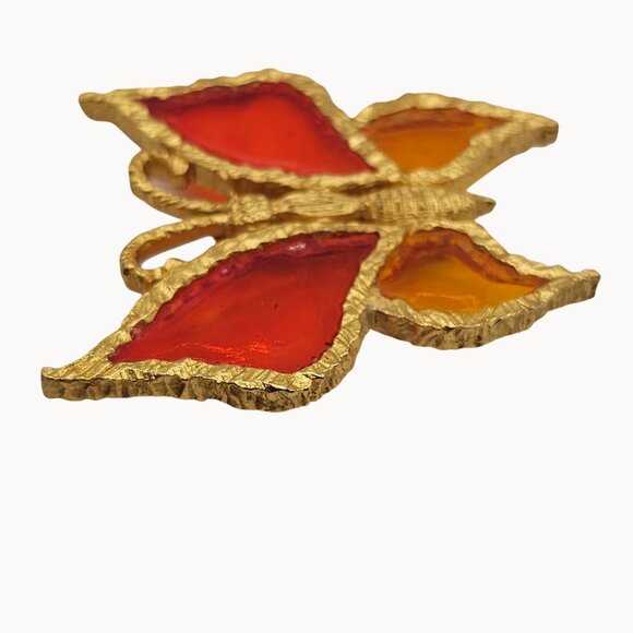 Vtg Red Amber Butterfly Brooch Pin Resin Wings Gold Tone Stained Glass Style - Picture 4 of 8